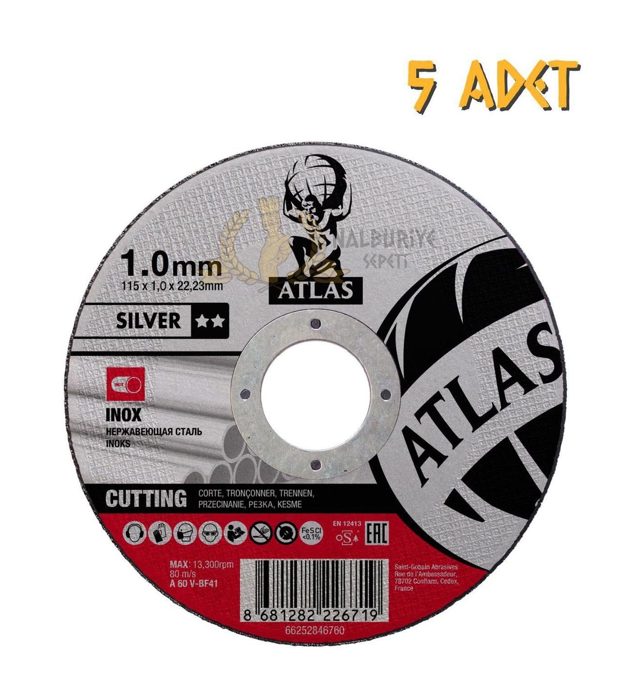 Atlas A60V 115*1.0*22.23 T41 Paslanmaz Çelik Ultra İnce Kesme Taşı Silver 5 ADET